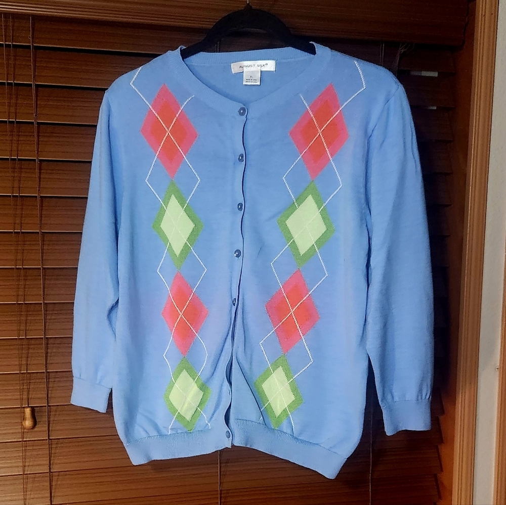 ⭐️Vintage Y2K August Silk Argyle Cardigan Sweater Blue Pink Green XL Preppy